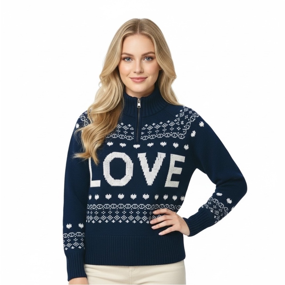 Aerie Festive Feels! Quarter Zip Oversized Sweater "Love" Fair Isle S